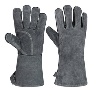 Grey 14-Inch Premium Leather BBQ Gloves - Heat-Resistant Up to 500 Degree