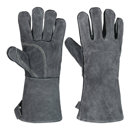 Grey 14-Inch Premium Leather BBQ Gloves - Heat-Resistant Up to 500 Degree