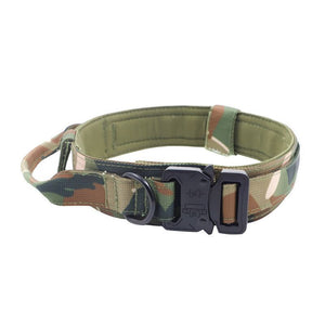 Camouflage dog collar with a black buckle on a white background
