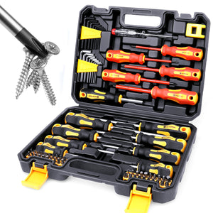 Set of screwdrivers and tools in a black case on a white background