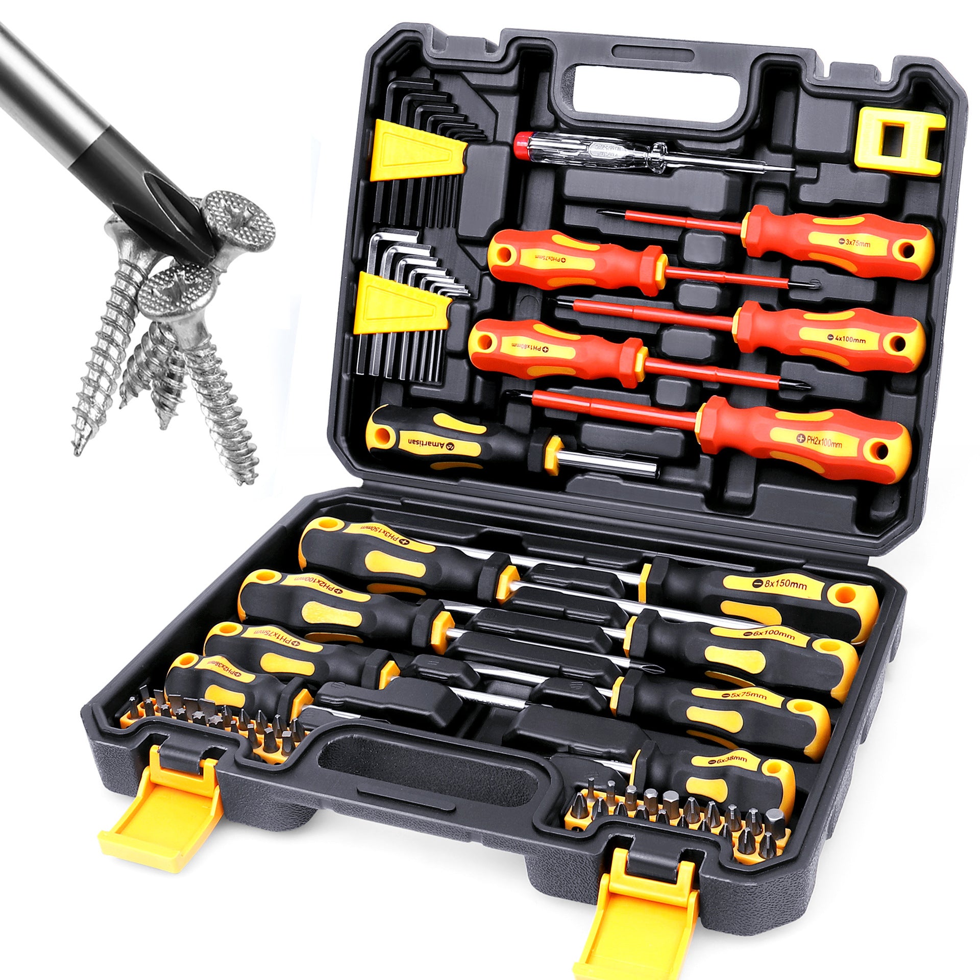 Set of screwdrivers and tools in a black case on a white background