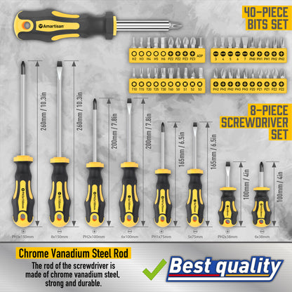 Set of screwdrivers and bits with measurement details on a gray background