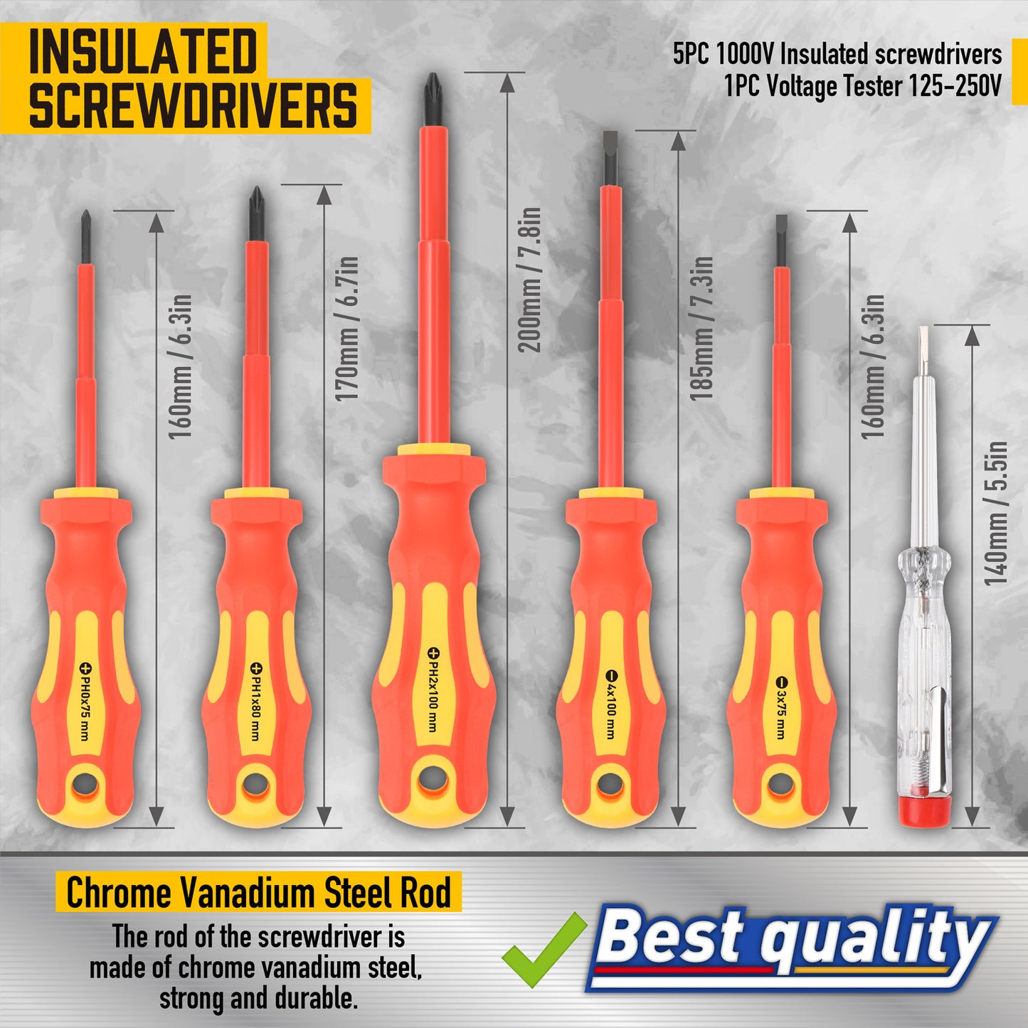 Set of insulated screwdrivers with measurements and specifications on a gray background