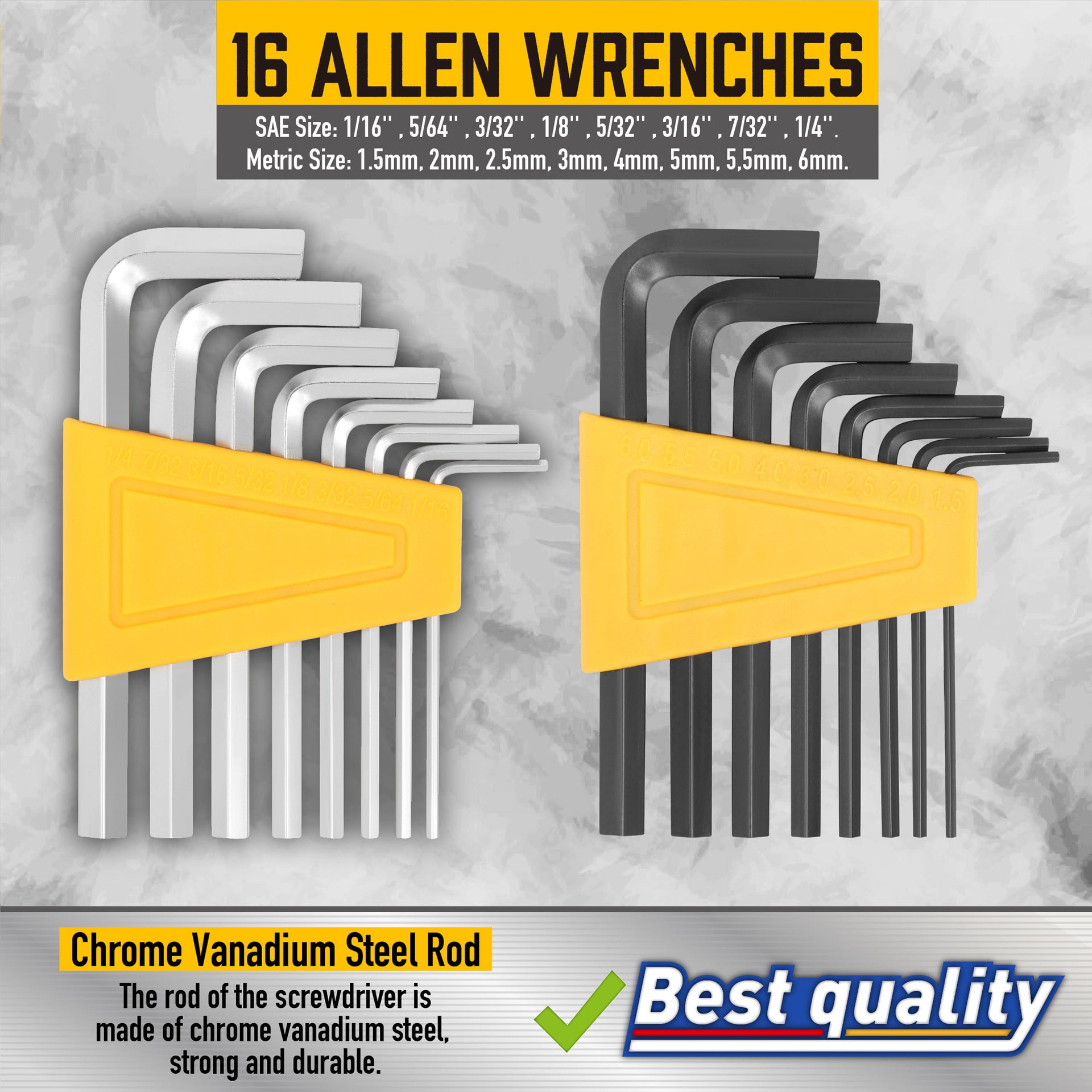 Set of Allen wrenches with a yellow case on a gray background