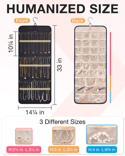 Pink Hanging Jewelry Organizer - Closet Storage for Necklaces, Earrings, and Rings with Clear Pockets(14*33inch)