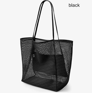 Black Large Mesh Beach Tote Bag - Lightweight & Foldable Shoulder Bag with Secure Zipper Pocket - Factory Direct Shop
