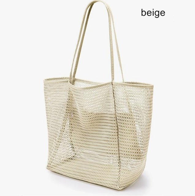 Beige Large Mesh Beach Tote Bag - Lightweight & Foldable Shoulder Bag with Secure Zipper Pocket - Factory Direct Shop