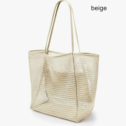 Beige Large Mesh Beach Tote Bag - Lightweight & Foldable Shoulder Bag with Secure Zipper Pocket - Factory Direct Shop