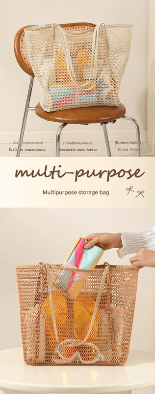 Beige Large Mesh Beach Tote Bag - Lightweight & Foldable Shoulder Bag with Secure Zipper Pocket - Factory Direct Shop