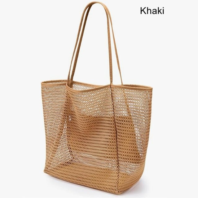 Khaki Large Mesh Beach Tote Bag - Lightweight & Foldable Shoulder Bag with Secure Zipper Pocket - Factory Direct Shop