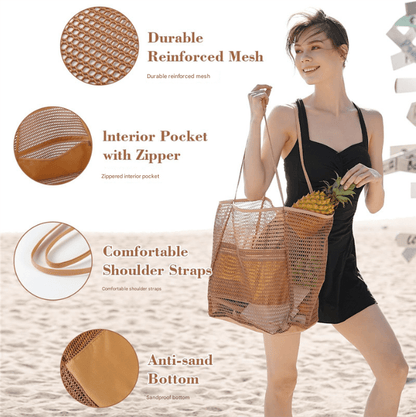 Khaki Large Mesh Beach Tote Bag - Lightweight & Foldable Shoulder Bag with Secure Zipper Pocket - Factory Direct Shop