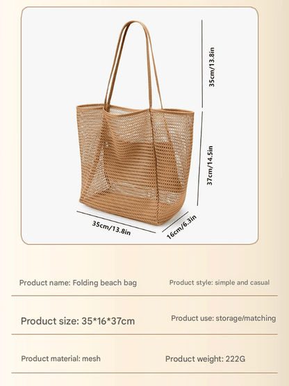 Khaki Large Mesh Beach Tote Bag - Lightweight & Foldable Shoulder Bag with Secure Zipper Pocket - Factory Direct Shop