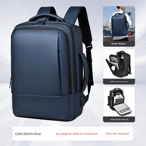 Blue Expandable Business Laptop Backpack with USB Charging Port - Large Capacity Work & Travel Bag for 15.6 Inch Laptops