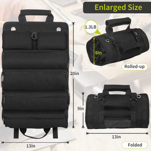 Black Heavy-Duty Roll-Up Tool Bag Organizer - Waterproof 1200D Fabric with 6 Pockets & Detachable Pouches