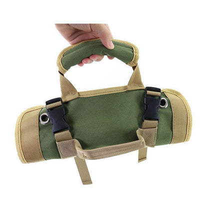 Black Heavy-Duty Roll-Up Tool Bag Organizer - Waterproof 1200D Fabric with 6 Pockets & Detachable Pouches