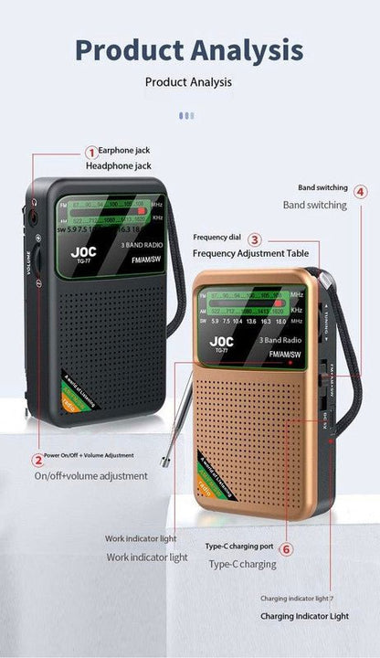 Golden JOC TG - 77 Multi - Band Rechargeable Radio for Seniors - Automatic Channel Search, FM/AM/SW Bands - Factory Direct Shop