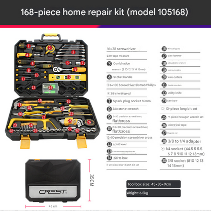 168-piece home repair kit with tools and measurements, featuring the Crest brand.