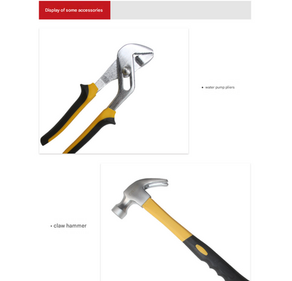 Display of tools including water pump pliers and a claw hammer on a white background.