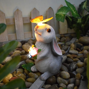 Rabbit and Butterfly Charming Solar-Powered Animal Garden Statue - Waterproof Resin Figurine with Glowing LED Accents