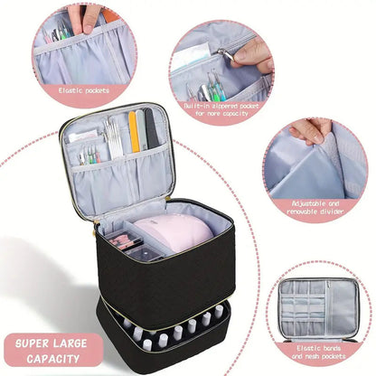 Black Professional Nail Polish Organizer Case for 30 Bottles & UV Lamp - Double-Layer Travel Storage Bag
