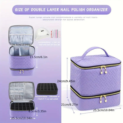 Purple Professional Nail Polish Organizer Case for 30 Bottles & UV Lamp - Double-Layer Travel Storage Bag