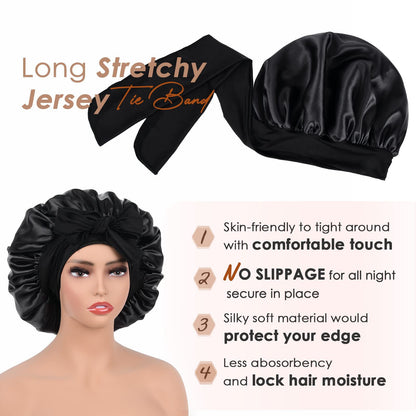 Black Luxury Double Layer Satin Bonnet with Bow Tie - Large Hair Protection Sleep Cap for All Hair Types