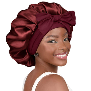 Wine red Luxury Double Layer Satin Bonnet with Bow Tie - Large Hair Protection Sleep Cap for All Hair Types