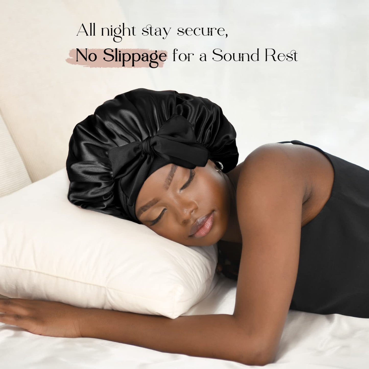 Rose red Luxury Double Layer Satin Bonnet with Bow Tie - Large Hair Protection Sleep Cap for All Hair Types