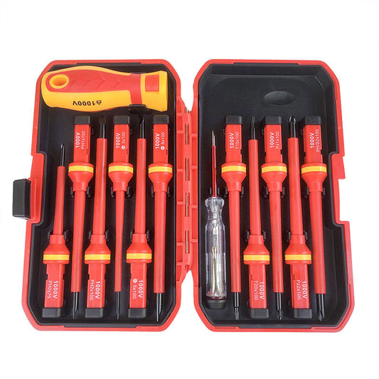Set of red screwdrivers with black handles in a red case on a white background