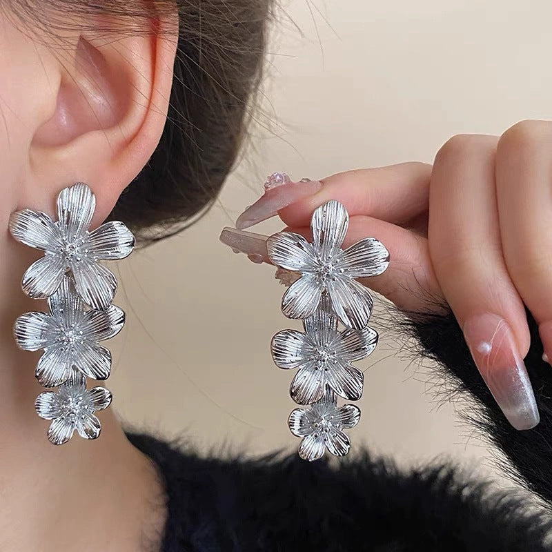 Gold Textured Cascading Floral Statement Drop Earrings for Women