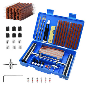 Tire repair kit with various tools and components in a blue case on a white background.