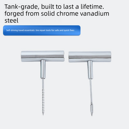 Two Tyre Repair Kit tools on a white background with text about tank-grade steel.