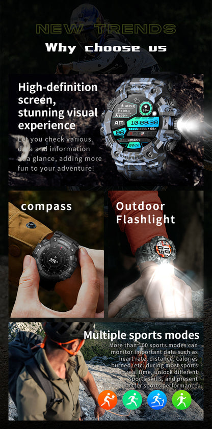 Rugged Outdoor Sport Smartwatch - HD Display, Compass, Flashlight, 100+ Sports Modes, Health Monitoring & Bluetooth Calls(Camouflage gray)