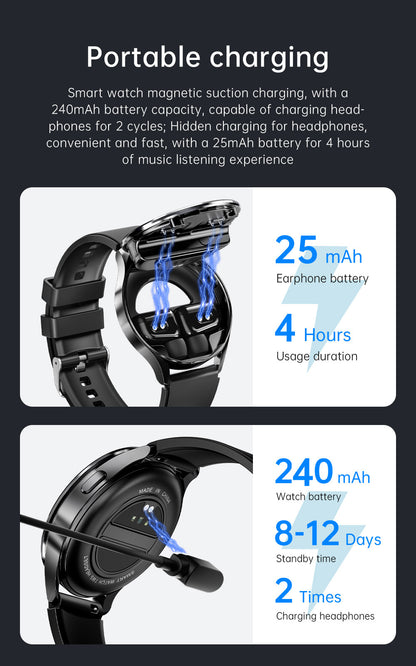 2-in-1 Smartwatch with Built-in TWS Earphones - IP67 Waterproof, Health Monitoring & CNC Metal Design(Black rubber)