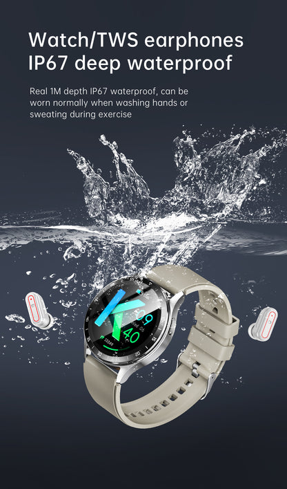 2-in-1 Smartwatch with Built-in TWS Earphones - IP67 Waterproof, Health Monitoring & CNC Metal Design(Silver rubber)