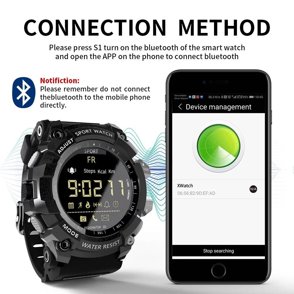 Rugged Sports Smartwatch - 50M Waterproof, 24H 3D Pedometer, Bluetooth Notifications & Long Battery Life(Black with red text) - Factory Direct Shop