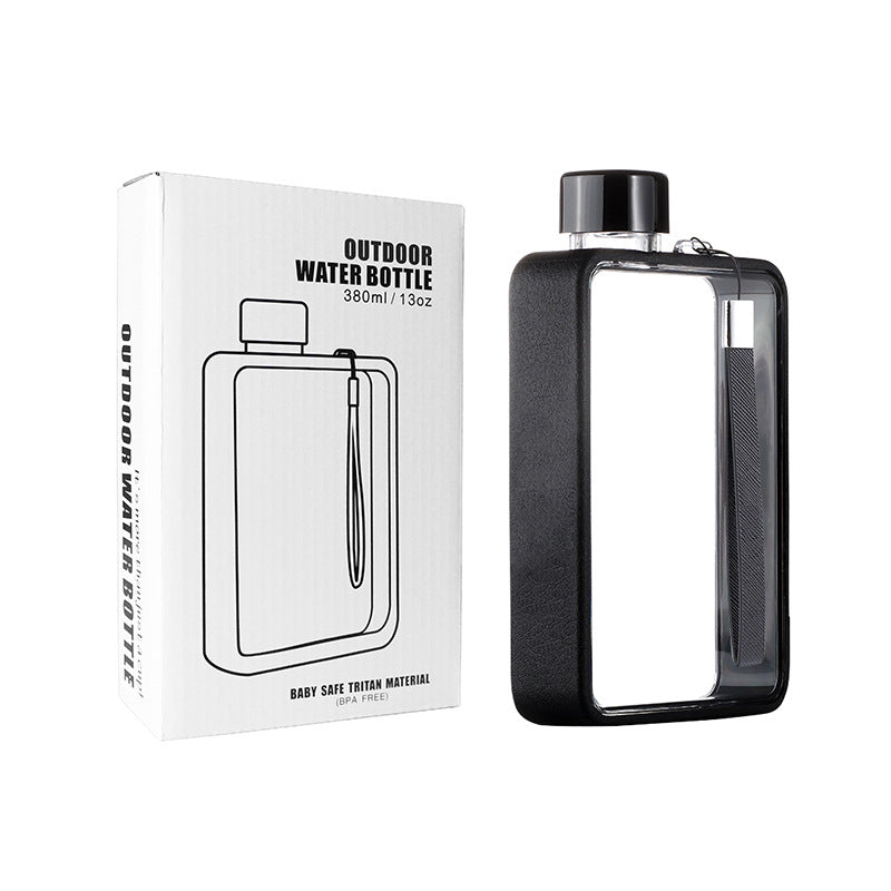 Slim Tritan Flat Water Bottle - 380ml BPA - Free, Leakproof with Leather - Textured Sleeve & Strap(Black) - Factory Direct Shop