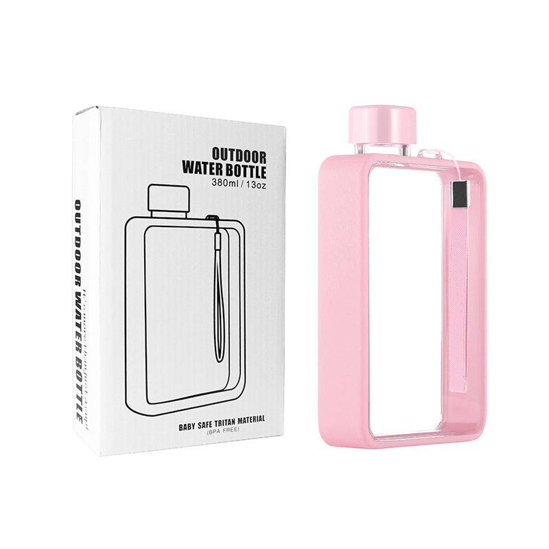 Slim Tritan Flat Water Bottle - 380ml BPA - Free, Leakproof with Leather - Textured Sleeve & Strap(pink) - Factory Direct Shop
