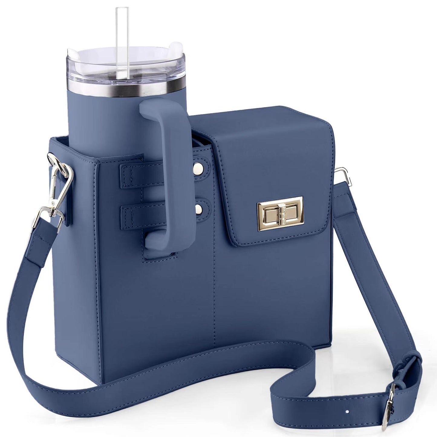 Chic PU Leather Crossbody Bag with Tumbler Holder - Multi - Compartment, Adjustable StrapChic PU Leather Crossbody Bag with Tumbler Holder - Multi - Compartment, Adjustable Strap,Does not include thermos cup(blue) - Factory Direct Shop