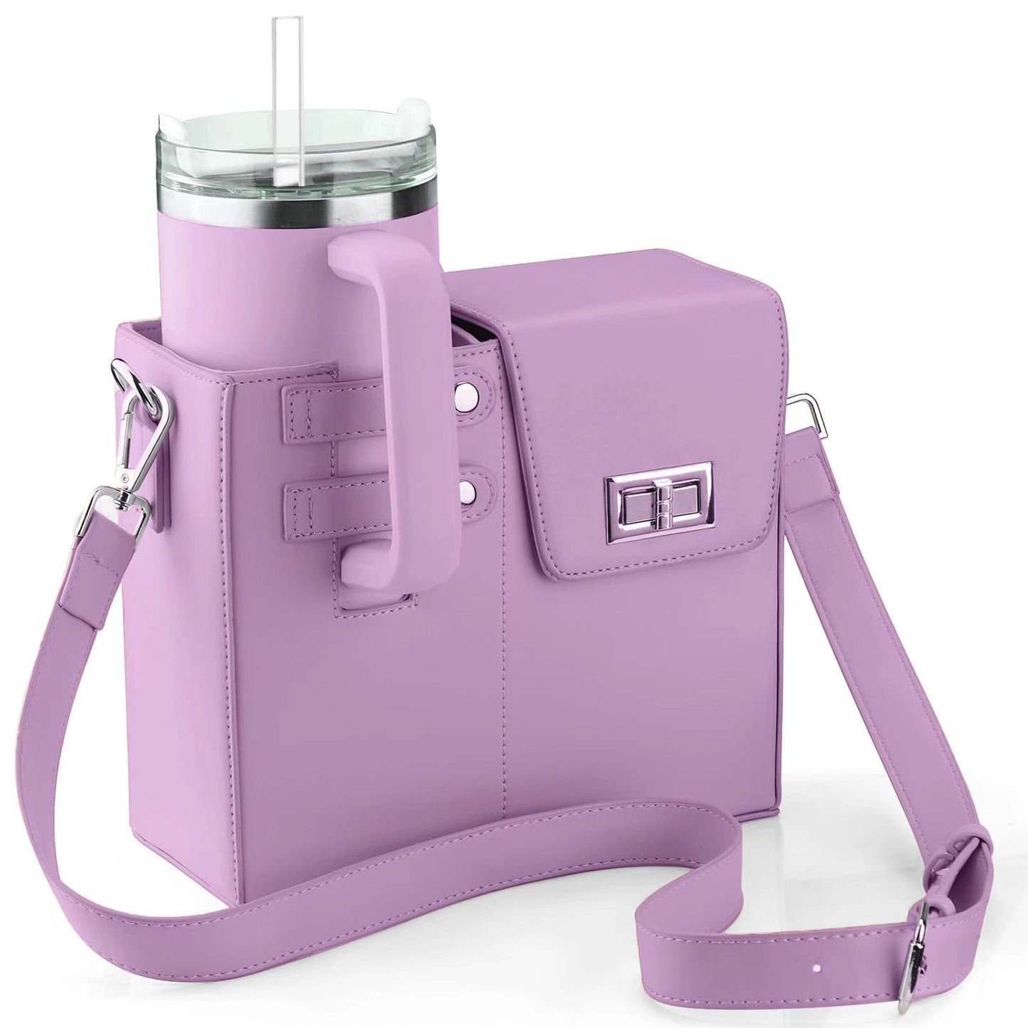 Chic PU Leather Crossbody Bag with Tumbler Holder - Multi - Compartment, Adjustable StrapChic PU Leather Crossbody Bag with Tumbler Holder - Multi - Compartment, Adjustable Strap,Does not include thermos cup(purple) - Factory Direct Shop