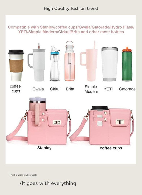 Chic PU Leather Crossbody Bag with Tumbler Holder - Multi - Compartment, Adjustable StrapChic PU Leather Crossbody Bag with Tumbler Holder - Multi - Compartment, Adjustable Strap,Does not include thermos cup(purple) - Factory Direct Shop