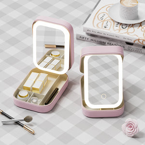 Portable Jewelry & Makeup Organizer Box with LED Touch Mirror - Rechargeable, Adjustable Lighting(green)