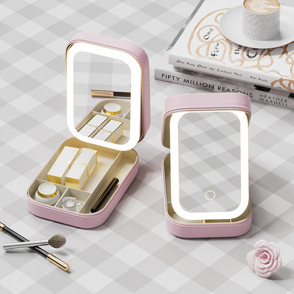 Portable Jewelry & Makeup Organizer Box with LED Touch Mirror - Rechargeable, Adjustable Lighting(green)
