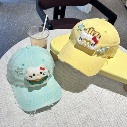 Adorable Cartoon Cat & Stars Baseball Cap - 100% Cotton, Adjustable Fit, Sun Protection(yellow)