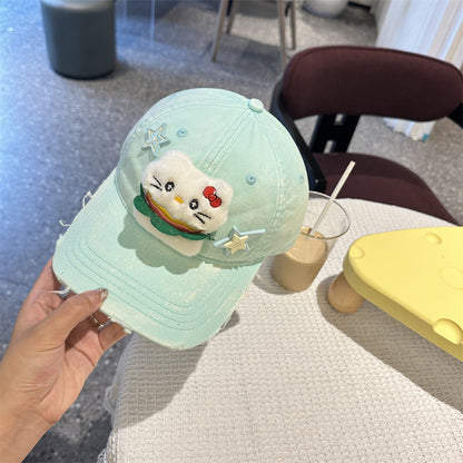 Adorable Cartoon Cat & Stars Baseball Cap - 100% Cotton, Adjustable Fit, Sun Protection(green)