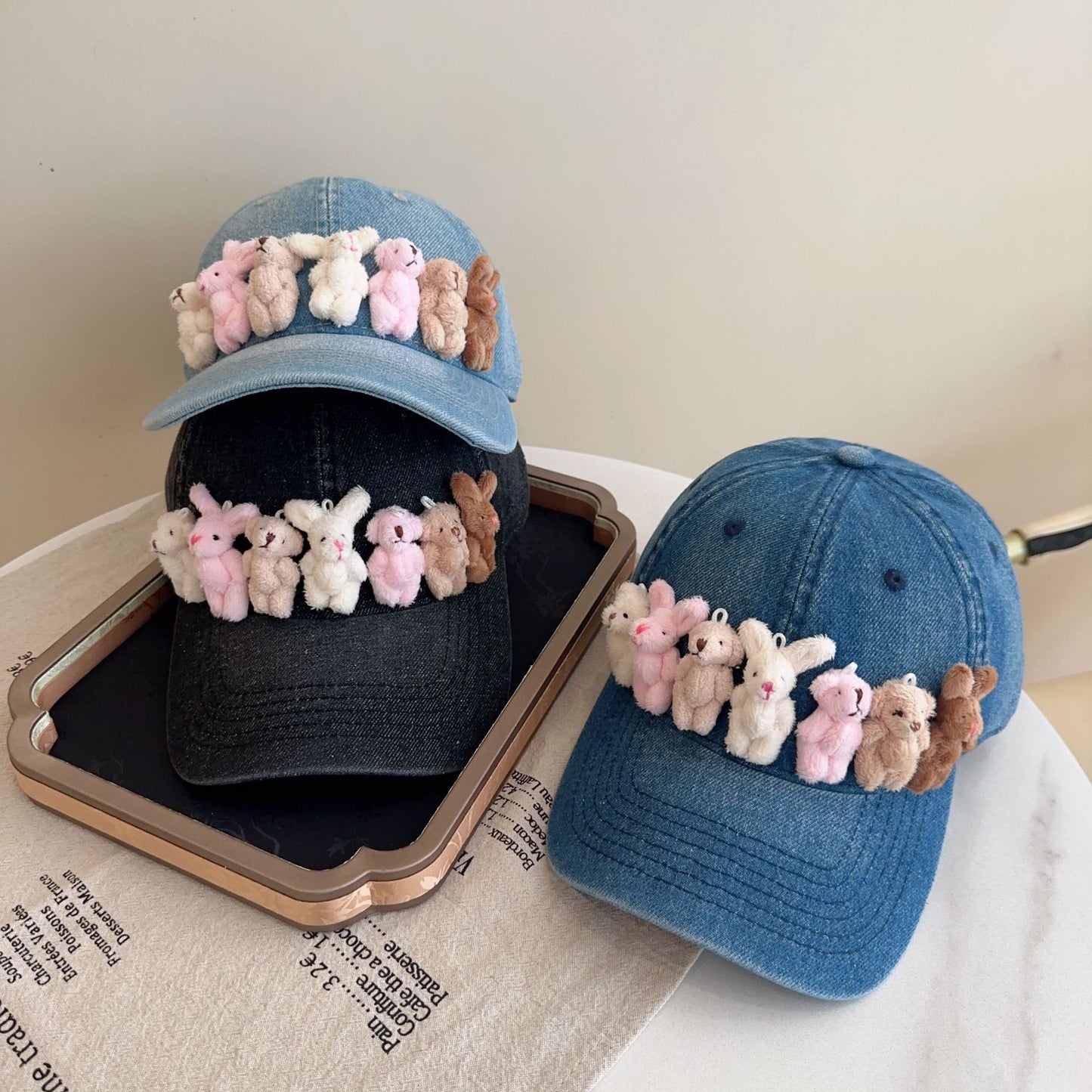 Whimsical Plush Bunny Row Denim Baseball Cap - Adjustable, Sun Protection, Breathable Comfort(Light Blue)
