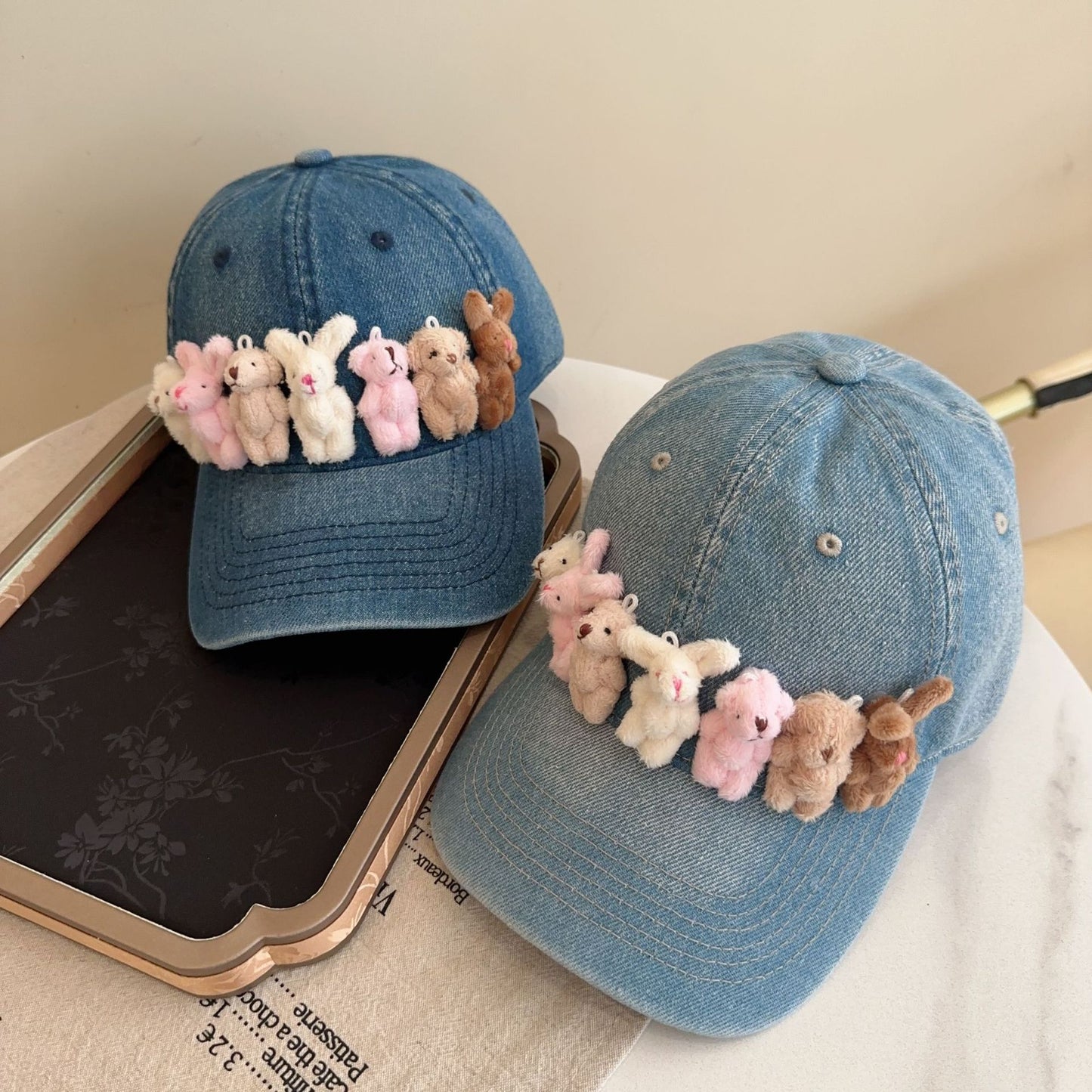 Whimsical Plush Bunny Row Denim Baseball Cap - Adjustable, Sun Protection, Breathable Comfort(Light Blue)