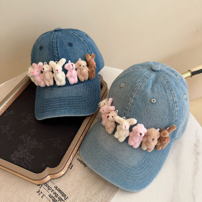 Whimsical Plush Bunny Row Denim Baseball Cap - Adjustable, Sun Protection, Breathable Comfort(Dark Blue)
