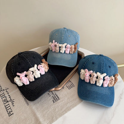 Whimsical Plush Bunny Row Denim Baseball Cap - Adjustable, Sun Protection, Breathable Comfort(Black)