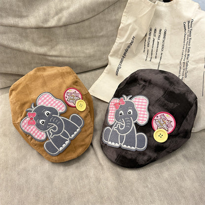 Cute Elephant Applique Beret Hat - Soft Fabric, Adjustable Fit, Retro Newsboy Cap(Black)